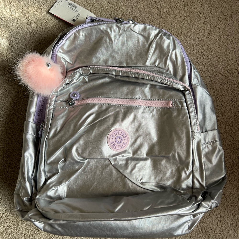 Kipling Seoul XL Silver Glow Backpack with Purple Zipper
